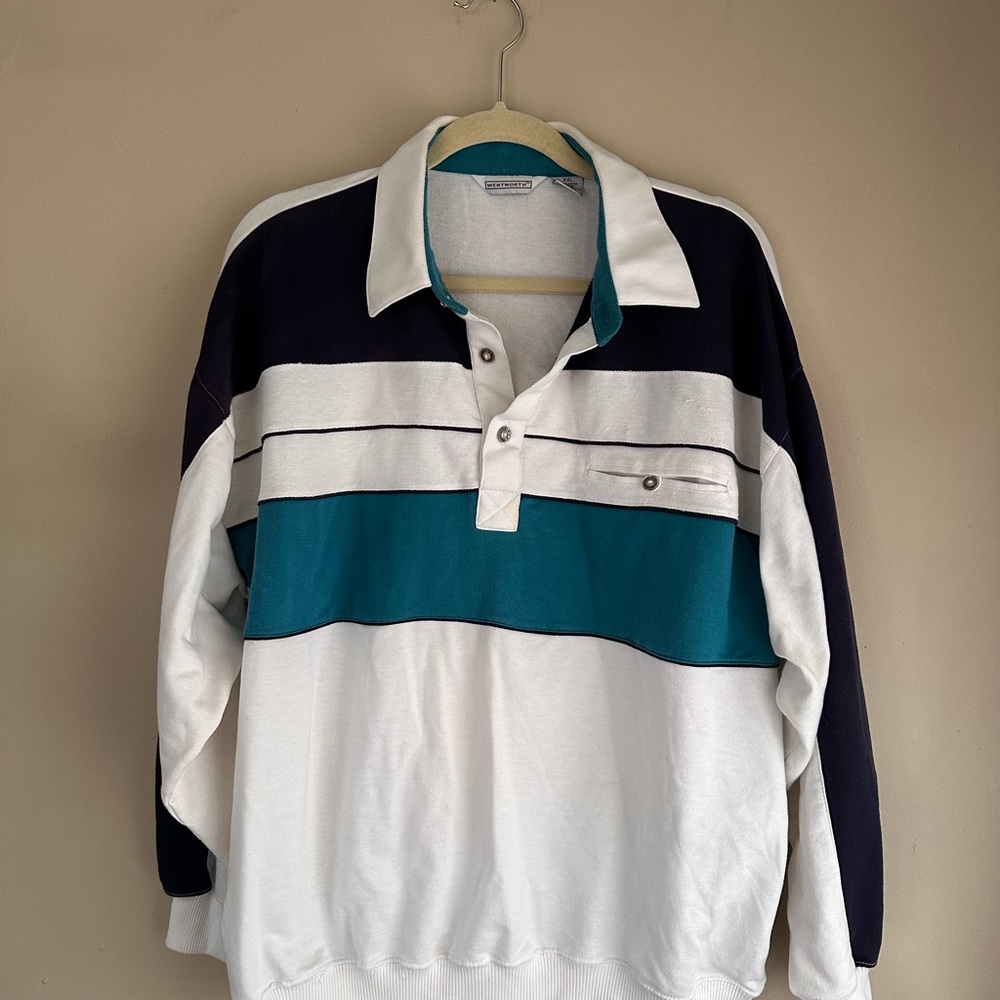Wentworth Men's Casual Colorblock collared Shirt - Navy, Teal, and White XXL